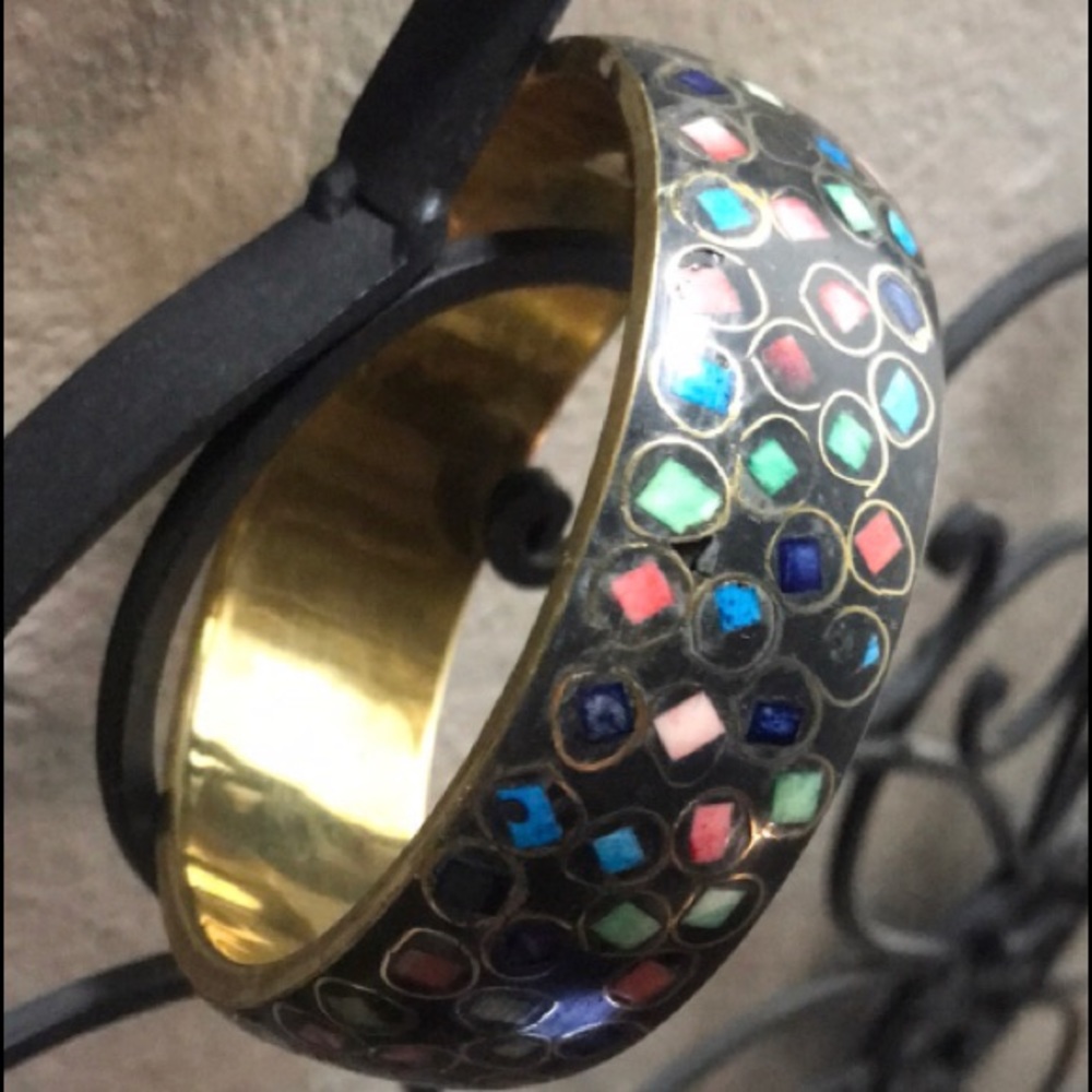 Vintage RARE Brass Gemstone Inlay Bangle GUC Turquoise Lapis Coral